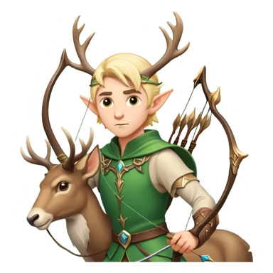 clash-of-clans-aesthetic-blond-male elf-archer-portrait-emoji, rendered in a flat, vector-style with minimal shading and bold holding his bow, simplified shapes, head tilted slightly forward with a determined, focused expression, riding a majestic stag whose antlers glow with mystical energy, set against an ancient, enchanted forest backdrop. sticker