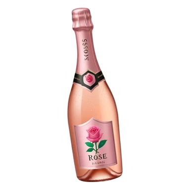 bottle of sparkling rosé with a rose logo on the label, angled to the left, no glass sticker