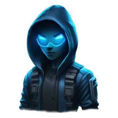 developer behind his laptop with this style : crysis Cyberpunk Riot Games Valorant neon glowing bright blue character blue black hooded assassin themed character sticker
