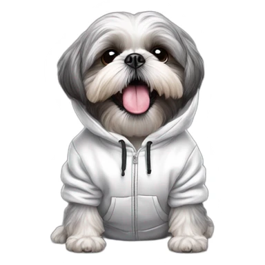 grey shih tzu tongue out with white dinosaur hoodie sticker