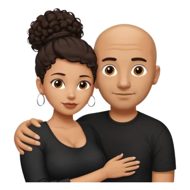 A picture of a tanned couple with the man's arm on her. the man is a Mexican man with tanned skin, a bald hair cut, short beard and wearing a black shirt. the woman is mixed, with curly dark brown hair in a messy bun and with big boobs  sticker