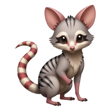 Minccino-Opossum-Numbat-Lykoi-Sphynx-Zangoose-fusion-hybrid-animal-Fakémon-creature, full body, thin long sleek scaly tail, intricate markings sticker