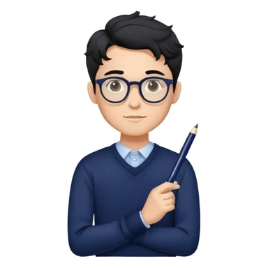 Dependable young professional man with round glasses, wavy black hair, navy blue sweater, assured posture, designer with pen sticker