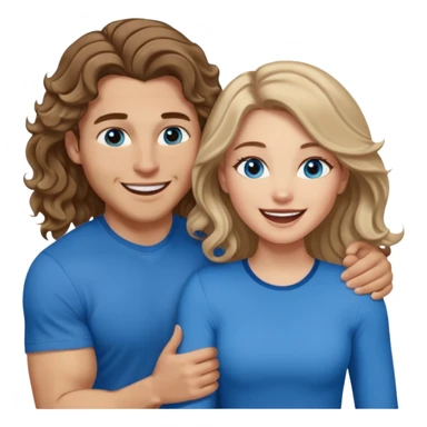 Women with blue eyes and very long, brown blond balayage curled hair in the arms of a man with strong arms a straight face, a very sexy man blue eyes. They are laughing at each other. He has short brown hair and is light skinned  sticker