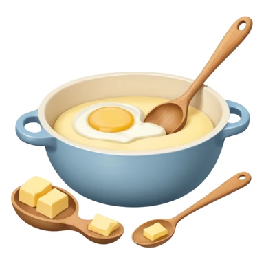 A cream ceramic baking bowl with a wooden spoon in it, next to it is a carton of eggs and butter sticker