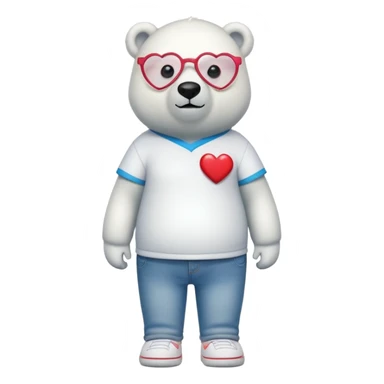 friendly anthropomorphised polar bear standing upright, looking chilled and unbothered, wearing a shirt, jeans, trainers, heart-shaped colorful glasses sticker