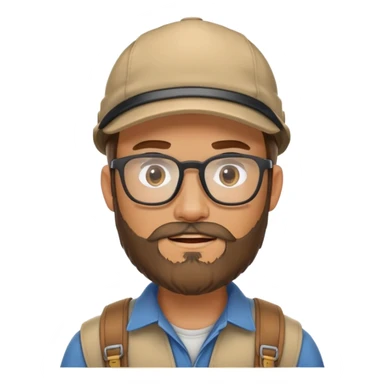 Adventurer with glasses, a beard and tan colored cap sticker