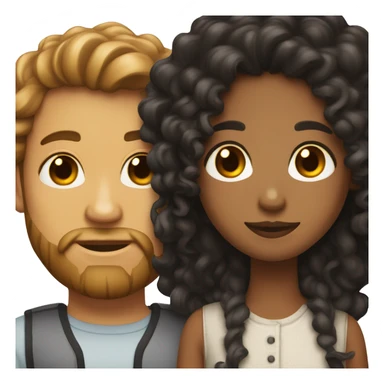 Light brown skin girl with black hair next to white man with brown curly hair and a beard sticker