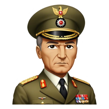 Cinematic Realistic Mustafa Kemal Atatürk Portrait Emoji, depicted as a visionary statesman with a determined gaze and period military attire, rendered with rich textures and dynamic historical lighting that captures his transformative leadership. sticker