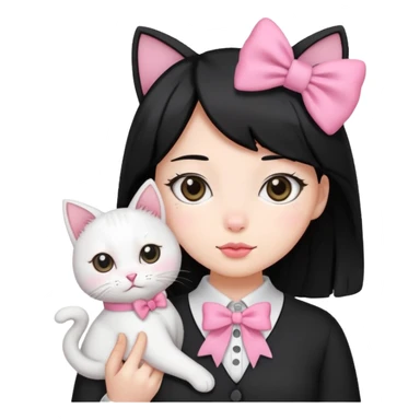 A gurl black hair with one pink bow holding one white cat sticker