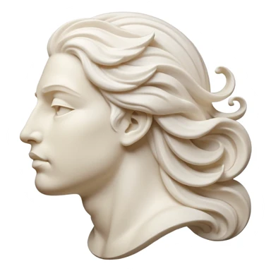 Create a stylized illustration of a classical face carved in white marble, shown in profile, gently blowing wind. The wind is depicted as decorative swirling lines emerging from the mouth.  sticker