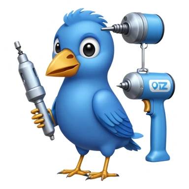 A blue Twitter bird holding a large drill sticker
