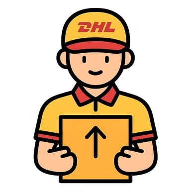 DHL delivery driver in yellow and red uniform holding a package, simple background, icon style sticker