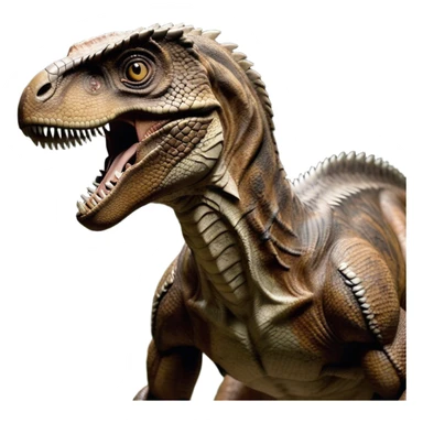 Cinematic Realistic Noble velociraptor/T-rex Portrait Emoji, Poised and imposing, with a massive, muscular build and a rugged, intricately scaled hide in ancient earthy tones, a sharply defined, fearsome head with piercing, primal eyes rendered in lifelike detail, high shine, intelligent and formidable, styled with an air of prehistoric authority, focused and attentive, soft glowing outline, capturing the essence of a watchful and confident velociraptor/T-rex that appears ready to roar out of the screen with timeless power! sticker