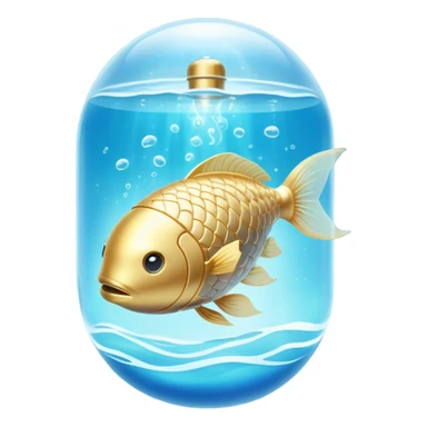 Golden capsule floating in a soft blue liquid current, with a translucent fish swimming around a luminous suspended brain. Small waves of light emanating from the brain as if expanding calm, focus and mental fluidity. Ethereal appearance with flowing elements. sticker