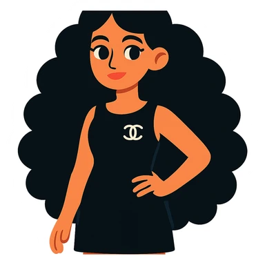 light skin girl with black very long curly hair, brown eyes, black Chanel dress, vibrant toon style sticker