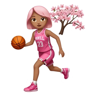 full body apple-style emoji of a basketball girl, April theme cherry blossom energy, jersey with cherry blossom vibe, holding a basketball, no cherry blossom trees or petals sticker