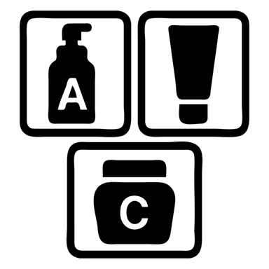 three boxes with "A", "B", "C" labels, inside those boxes there are some beauty products sticker