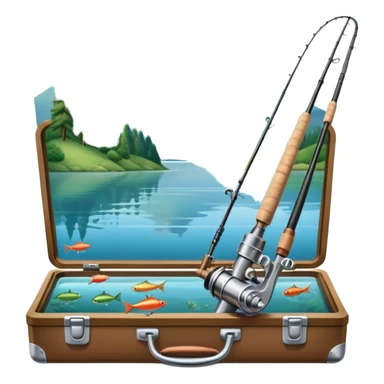 Icon for Fishing Travel: a fishing rod, tackle box and a boat on a calm lake surrounded by mountains and lush greenery, with fish jumping out of the water. The icon should capture the peaceful and adventurous nature of fishing trips. Transparent background. sticker