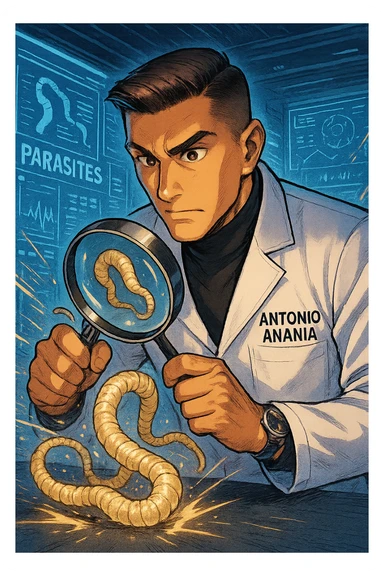 A dynamic manga/webtoon-style illustration of a young male kinesiologist wearing a clean white lab coat, analyzing light beige worms like a tapeworm under a magnifying glass. His expression is focused and slightly intrigued, with sharp, detailed eyes. The art style is vibrant, with bold linework, rich colors, and dramatic lighting. The background is a futuristic laboratory with glowing holographic screens displaying parasite data. The tapeworm is intricately drawn, slimy and segmented, with a slightly exaggerated yet realistic texture. The composition is dynamic, with motion lines or energy effects to emphasize his scientific investigation. The atmosphere is intense but not dark, keeping a balance between scientific seriousness and stylish manga aesthetics, he has "ANTONIO ANANIA" WRITTEN ON WHITE LAB COAT sticker