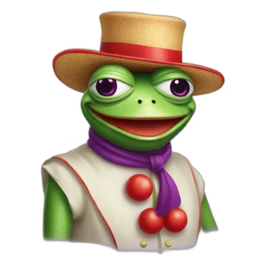 pepe the frog with red clown nose and purple hat and holding a salami sticker
