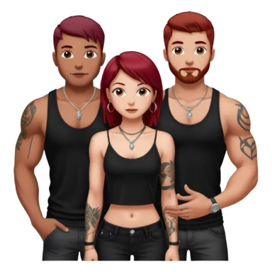 a pretty bratz fair girl with dark red straight hair, black cami top, silver dainty necklaces, rings, hoops, tattoos standing with two handsome lean but muscled guys sticker