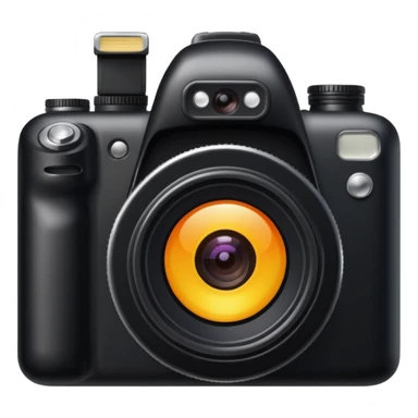 The camera features a solid black body with a shiny lens. sticker