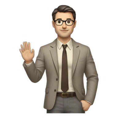 Full height Actively gesturing with hands Pale skinned fit man with dark brown hair in gray jacket, beige office shirt, brown tie, brown pants and vintage glasses. sticker
