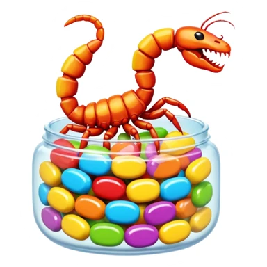 A 3D cartoon candy with a small scorpion inside, bright colors, clear reflection, realistic Memoji-style. sticker