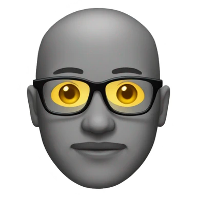 man with grey skin, no hair, stubble, wearing glasses that have a distinctively yellow tint sticker