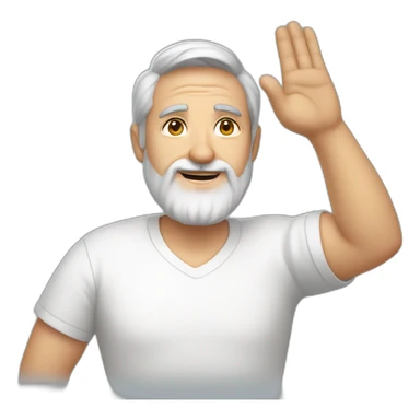 28 old man with dark brown hair and a 3 day beard wearing an oversized short sleeve white t-shirt waving hello sticker