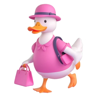 A duck wearing a pink dress, a pink hat, and carrying a pink bag, walking, in a warm, cozy setting sticker