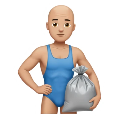 Bald frowning Man in speedo holding trash bags  sticker