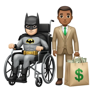 Batman and man in wheelchair with bags of cash behind him sticker