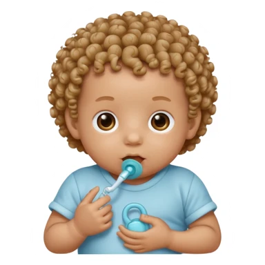 Close-up, newborn baby boy, curly hair, pacifier sticker