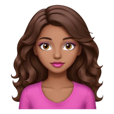 gorgeous woman, light brown skin, dark brown eyes, long wavy brown hair, pink top, wearing clear lipgloss and mascara  sticker