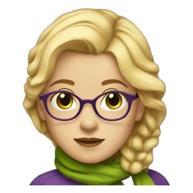 A girl with blonde medium hair and green eyes with glasses with purple scarf  sticker