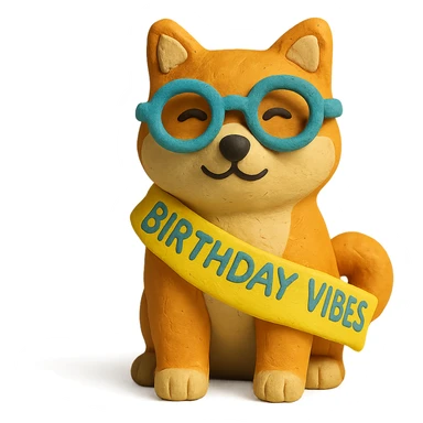 Shiba Inu wearing a "Birthday Vibes" sash and glasses, claymation style, transparent background sticker