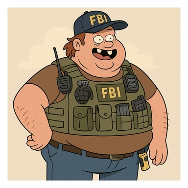 A big, overweight federal agent with prominent buck teeth, wearing a tactical vest loaded with all kinds of gadgets, looking like a redneck, cartoonish and humorous style sticker