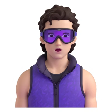 close-up of bad guy male athlete with white skin and moderately curly dark brown hair on top with shaved sides, wearing ski goggles with purple frames and very dark black lenses, a simple plain black chain necklace, and a completely unzipped sleeveless vest with purple and black sequin fire pattern design with no logo, with an extremely arrogant expression sticking his tongue out mockingly, looking menacing and villainous sticker