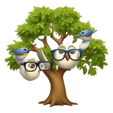 three birds in a tree but one of the birds wears glasses and hangs a book sticker