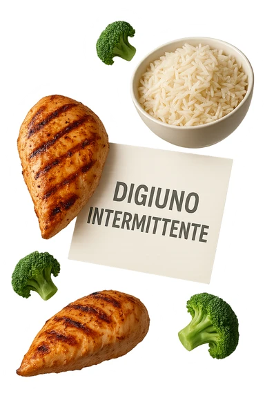 petto di pollo grigliato, bowl di riso basmati e broccoletti fluttuano in aria insieme ad un foglio con la scritta "DIGIUNO INTERMITTENTE", iperrealistico 4k sticker