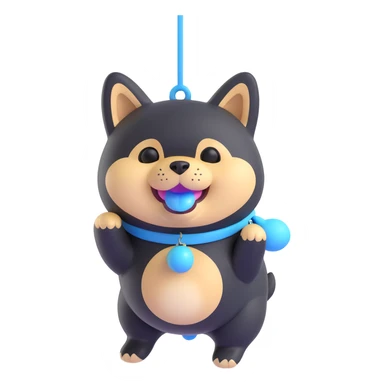 plump black shiba inu, blue bunny toy dangling from mouth, cheerful, suggestion of cheese smell sticker