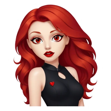 a pretty woman with long red hair and red eyes. The woman wear a black little cutted dress. She have red lipstick and she have a seductive look. She do a smack sticker