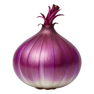 whole red onion, shiny papery outer skin, rich purplish-red tones, natural striations, dried stem, dry root strands, 3D rendered, clean minimal soft shadows, realistic lighting, no anthropomorphic features, emoji scale sticker