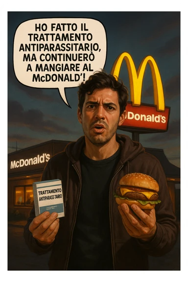 A realistic, cinematic illustration of a man in his early 30s with a confused yet stubborn expression, standing outside a McDonald's at dusk, holding a small box labeled 'Trattamento Antiparassitario' in one hand while holding a large McDonald's burger in the other. He is mid-sentence, saying 'Ho fatto il trattamento antiparassitario, ma continuerò a mangiare al McDonald!' in an expressive speech bubble. The man wears casual streetwear, and behind him, the McDonald's golden arches glow under a neon-lit sky. The mood is ironic and educational, highlighting the contradiction of doing parasite cleanses while continuing unhealthy fast-food habits. The style is realistic with slight illustrative clarity, emphasizing the message humorously while maintaining a serious undertone about lifestyle choices and health in italiano sticker