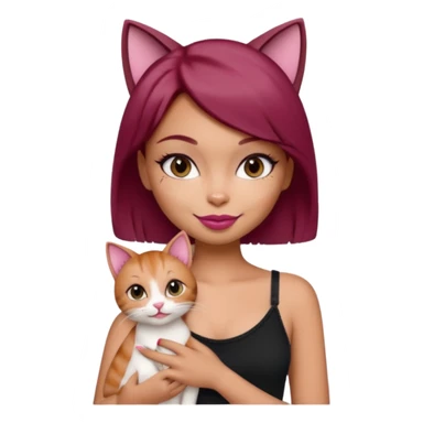 generate a pretty bratz girl with short dark red hair holding a cat smiling. Wearing a black cami sticker