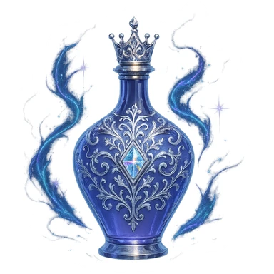 modernus itin prabangus eliksyro buteliukas, maža karūnėlės forma, spalva #7986cb, sudėtingi ryškūs sidabriniai ir holografiniai ornamentai, maksimaliai stiprūs magiški efektai, labai mažas kaklelis, skaidrus fonas, vientisas dugnas, be šešėlio, plūduriuoja ore, kolekcijos stilius sticker