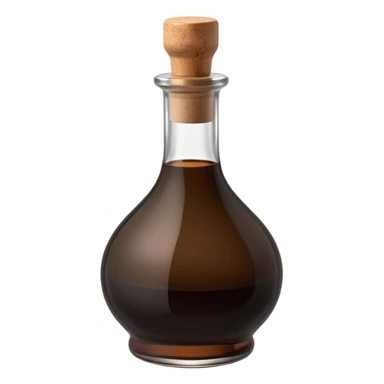 small glass bottle of balsamic vinegar, deep brown or ruby, glossy and thick, round or square base, long neck, cork or metallic cap, dark glass, subtle transparency, blank label optional, 3D-rendered, minimal, no faces, transparent background sticker