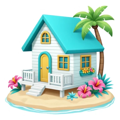 cute beach house, turquoise and white, colorful details, tropical flowers, 3D cartoon, mobile game icon style, clean background, no text, no watermark
 sticker